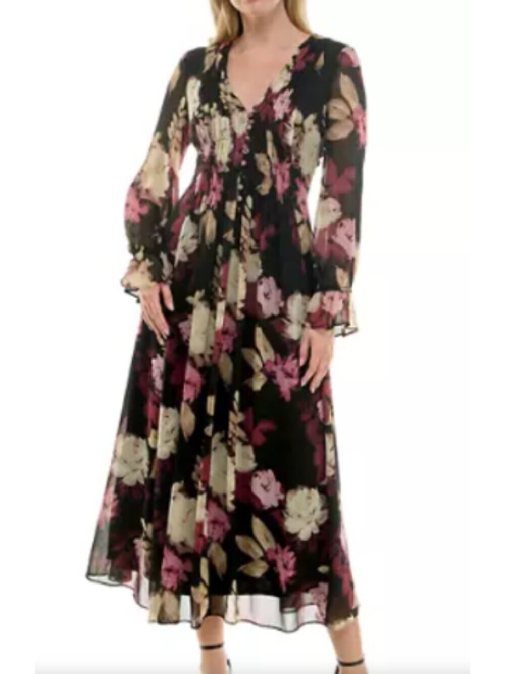 Taylor Chiffon Floral Print Dress Long Sleeve Size 16/XL Smoke V-Neck Party - Picture 9 of 12